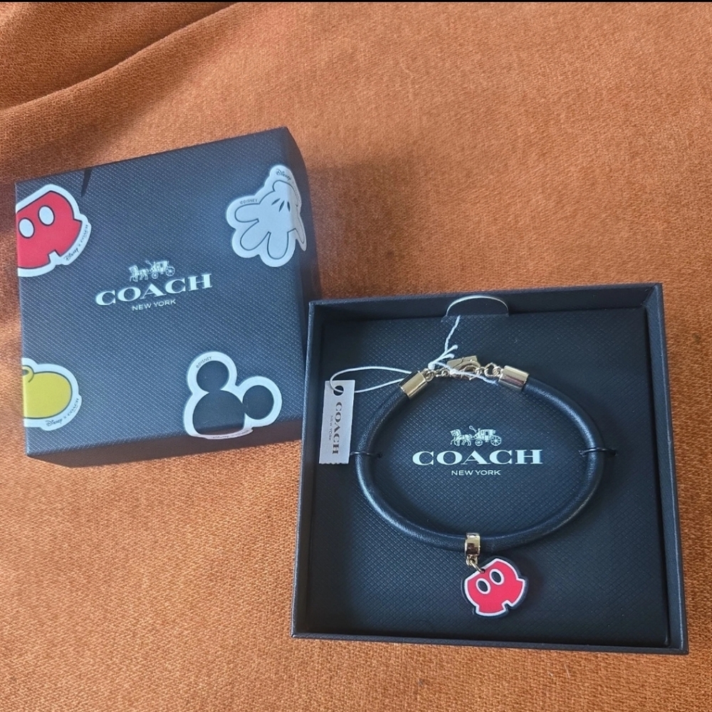 Coach Mickey Mouse Body Parts Shorts Leather Black Cord Bracelet in Box